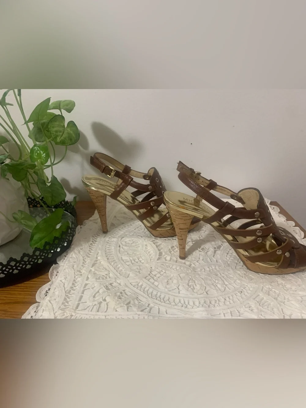 Michael Kors Laci Cork Heel Gold Rivets Ankle Buckle Size 7 1/2 MK Heel Monogram